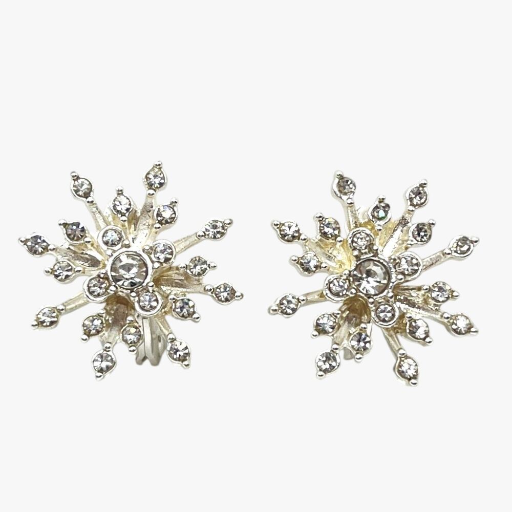 TJG Rhinestone Snowflake Clip On Earrings Silver Tone Sunburst Wedding Prom Glam